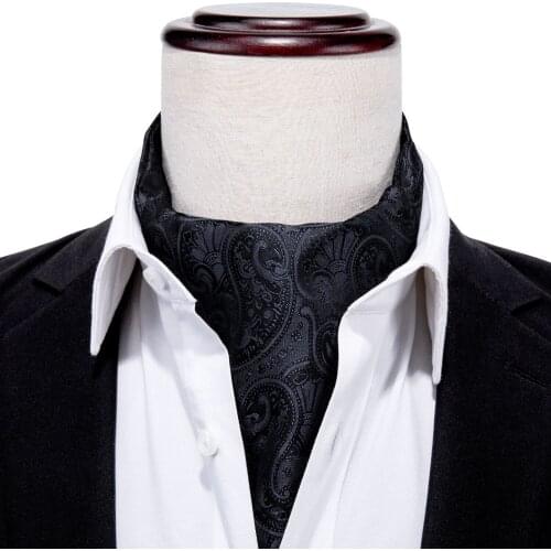 New Fashion Paisley Ascot Tie For Men Scarf Tie Suit Black Mens Necktie Jacquard 100% Silk Set handkerchief Cufflinks AS-008