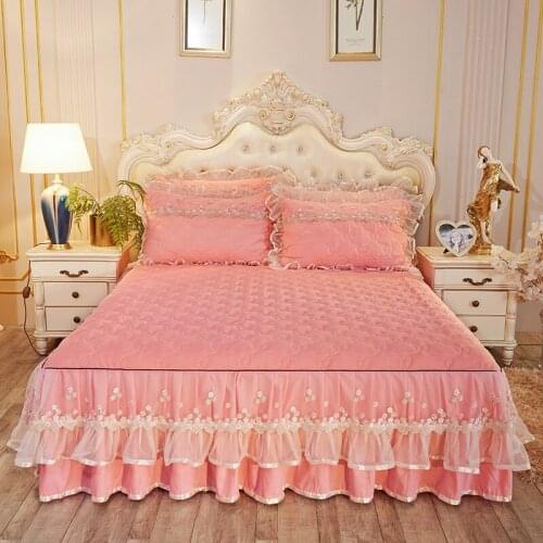 2020 new Thick cotton embroidery Bed spread Fitted Sheet Pillowcases 2/3 pcs Luxury Solid color Double lace princess bedding