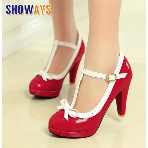 Big Size Bowtie Mary Janes 9cm High Spike Heel Women Platform Pumps Red Patent Leather Casual Office Lady Round Toe Lolita Shoes