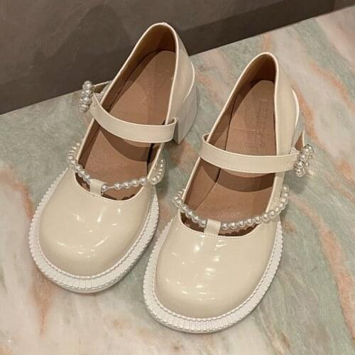 Vintage Mary Jane Womens Shoes Spring And Summer New Exquisite Pearl Decoration Round Toe Shallow Mouth Small Leather Shoes