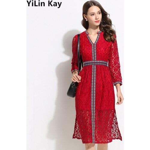YiLin Kay High-end custom Designer Runway woman dress 2019 Spring V-neck Lace embroidered dress Vestidos