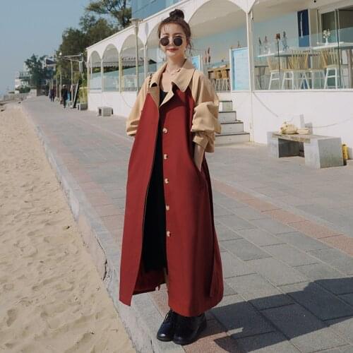 Womens Windbreaker Contrasting Color Spring Autumn 2021 New High-end Quality Lining Comfortable Long Loose Stitching Coat FF2