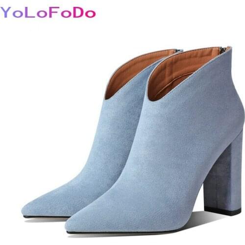 2021 New Faux Suede Women Ankle Boots Autumn Winter Women Square High Heel Boots Fashion Pointed Toe Zipper Boots for Women