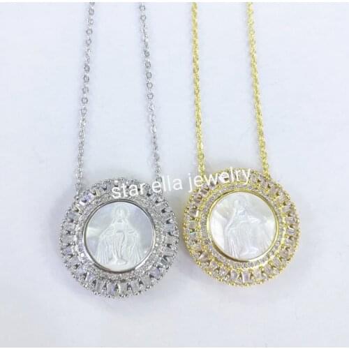 5pcs/lot Micro Pave Square Cubic Zirconia Round Virgin Maria Mother of Pearl Pendant Necklace Collar Fashion Jewelry Joyeria