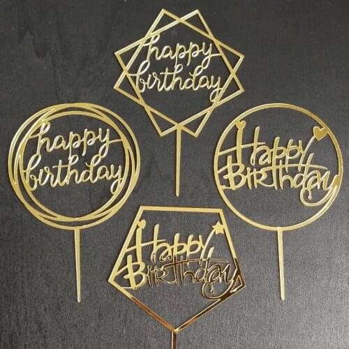 Free shipping 20 pcs Happy birthday Mirror Gold Acrylic Cake Topper birthday party cake decoration