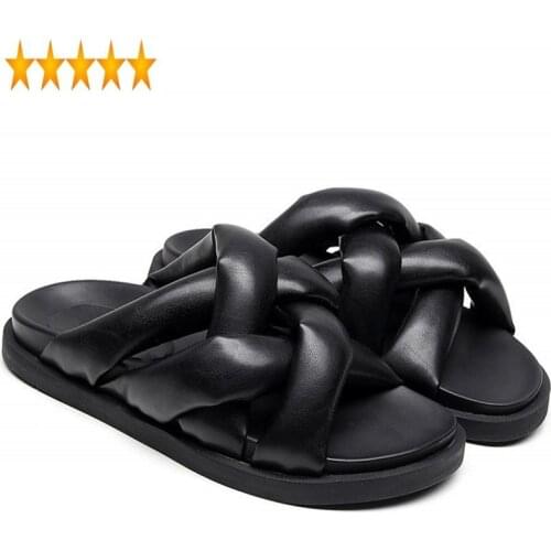 Cross Fashion Black Women Band Leather Outdoor Slip On Ladies Sandals Slippers Summer 2021 Beach Shoes Female