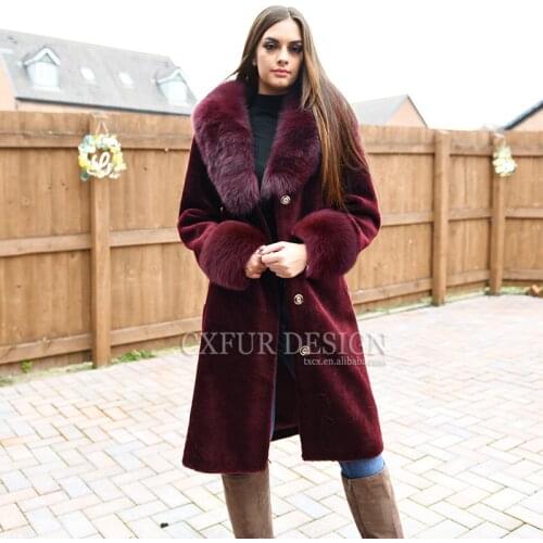 CX-G-T-27A Women Hooded Long Fur Coats Overcoat Warm Sheep Wool Teddy Coat with Big Fox Fur Collar and Cuffs