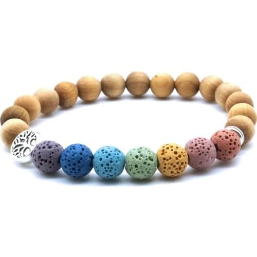 Wooden Beads Tree of Life 7 Chakras 8mm Colorful Lava Stone Aromatherapy Essential Oil Diffuser Bracelet Yoga Women Men Jewelry
