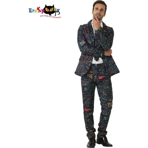 Eraspooky Mens Halloween Suit Costume Print Einsten Jacket Pants Tie Cosplay Adult Gentleman Male Carnival Party Fancy Dress