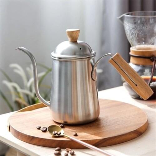 304 Stainless Steel Coffee Pot 650ML Thicken Wooden Handle Long Mouth Camping Household Office Hand Dripping Coffee Kettle