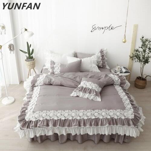 Pure cotton lace Bedding Sets gray Japanese Duvet Cover luxury Bed Linen princess bed skirt twin queen king wedding bedclothes