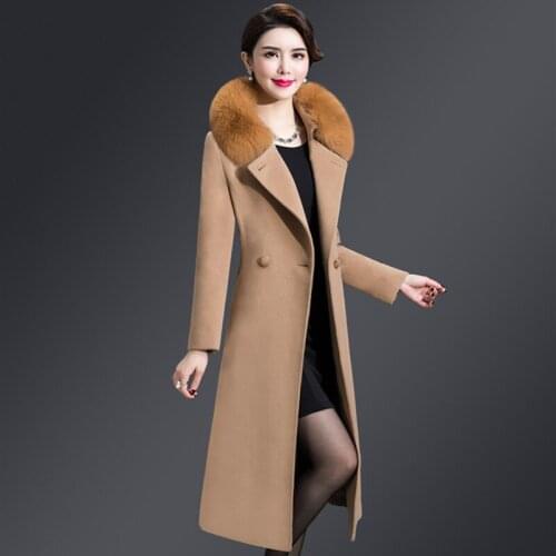 M-5XL Women Wool Blends Coat Winter Autumn 2019 Fashion Mother Fox Fur Collar Thicken Woolen Jacket Long Outerwear Tops Female