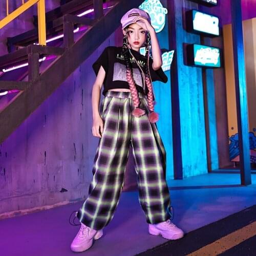 Fashion Streetwear For Girls Street Dance Performance Clothing T-Shirt Lattice Sweatpants Suit Jazz Competition Clothes VDB3640