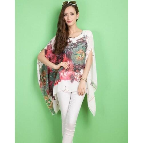 Fashion Ladies Sexy Womens Batwing T-shirt Chiffon Loose Casual Summer Floral Long T-Shirt