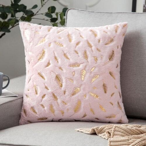 Fashional Plushed Stamping Golden Feather Throw Pillow Case,Decorative Pink Cushion Case,Sofa Cushion Cover,Sparkly Pillow Sham