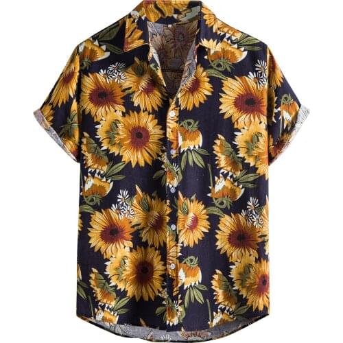 Mens Summer Casual Printed Shirts Sunflower Pattern Hawaiian Slim Short Sleeve Beach Tops Leisure Trendy Button Up Shirt A50
