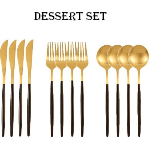 12pcs Color Black Gold Stainless Steel Cutlery Dessent Set Small Matte Spoon Knife Fork Household Cake Portable Stirring Tea