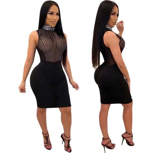NEW Diamond Women Club Party Dress Summer Sexy Sleeveless Slim Midi Dress Elegant Ladies Turtleneck Bodycon See-through Dresses