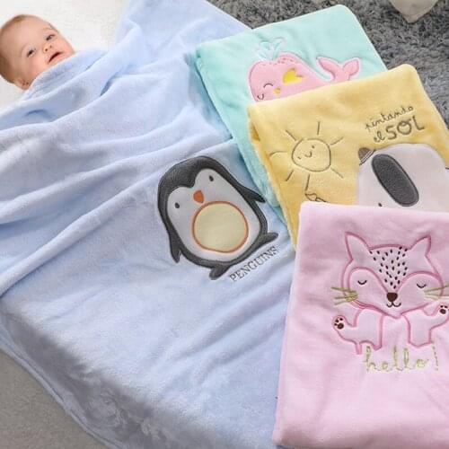 NEW Flannel Embroidered Baby Blanket Newborn Owl Fox Penguin Child Cover Carpet Stroller Wrap Coral Velvet Quilt Baby Bedding