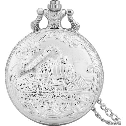 Creative Train Locomotive Engine Pattern Hollow Cover Design Quartz Pocket Watch Necklace Pendant Chain Unisex Clock cep saati