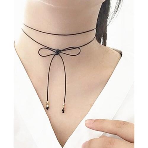 New Arrival Wholesale Elegant Fashion Women Black Leather Rope Double Layer Bowknot Choker Collar Necklace For Women Best Gifts