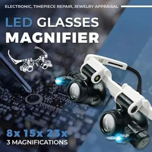 Adjustable Wearing Magnifying Glass with LED Light 8x 15x 23x High Magnification Magnifier for Repairing Processing In Stock