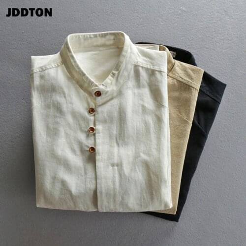 JDDTON Mens Cotton Linen Shirts Long Sleeve Solid Color Casual Soft Chinese Style Stand Collar Shirt Male Loose Shirt 7XL JE519
