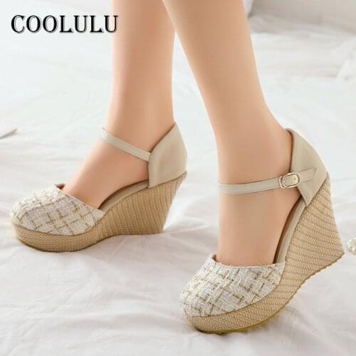 COOLULU Two Piece Shoes Women Platform Super High Heels Espadrille Wedges Heel Pumps Buckle Ladies Footwear 2021 Spring Black 43