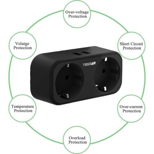 TESSAN Power Strip Electrical USB Socket with 2 USB Ports and 2 AC Outlet Extender European Style Adapter for Phone Tablets