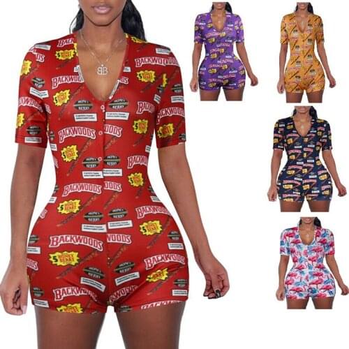 2020 Summer Womens Sexy Skinny Printing Jumpsuit Shorts Deep V-neck Short Sleeve Button Funny Pattern Casual Fashion Playsuit