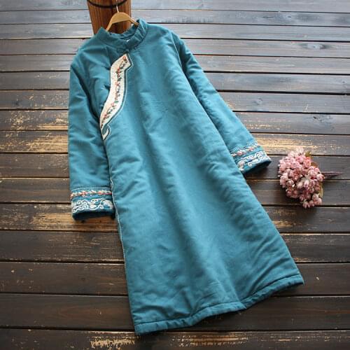 2021 New Women Dress Winter Chinese Embroidery Cotton Padded O neck Long Sleeve Vintage Fashion Women Robe