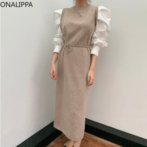ONALIPPA Woman Dress Korean Ins O Neck Pleated Puff Sleeve Contrast Color Stitching Lace Waist Fake Two-piece Knitted Vestidos