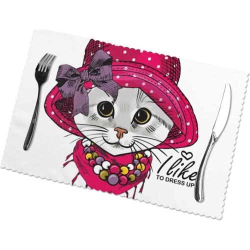 6 PCS Placemat Table Mat Funny Cat With Red Hat Bow Red Scarf And Necklace For Tables Heat-insulation Linen Kitchen Dining Pads