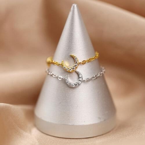 925 Sterling Silver Shiny Cubic Zircon Moon Finger Ring Link Chain Open Ring For Women Fashion Jewelry Wholesale S-R725