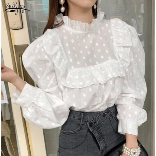 Blusas 2021 Spring New White Blouse Women Sweet Ruffle Tops Stand-up Collar Puff Sleeve Stitch Polka Dot Embroidery Shirt 12720