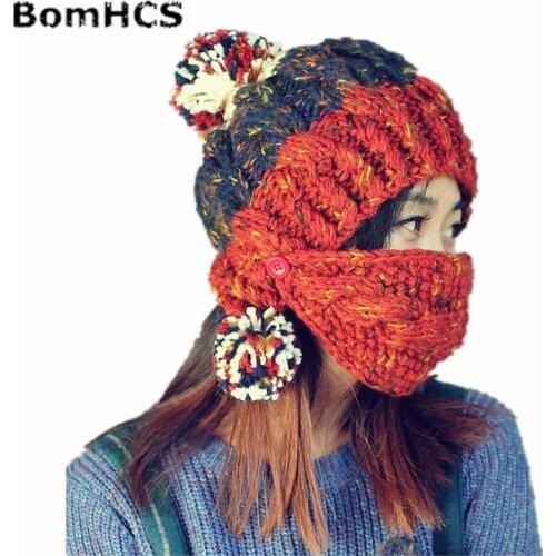 BomHCS Women Winter Warm Thick Beanie with Mask Fashion Handmade Knitted Hat Caps
