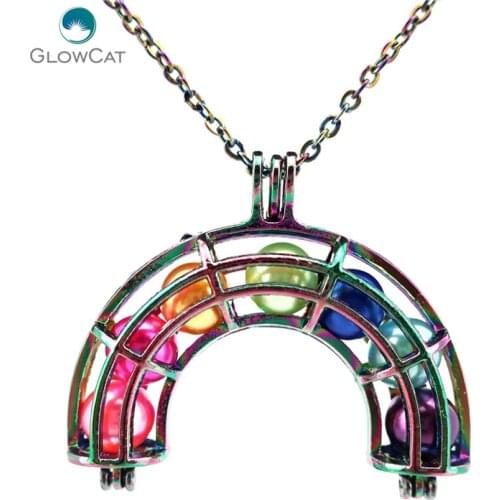 C408 COLORS Big 36mm Rainbow Cage Necklace - Rainbow Locket Aroma Essential Oil Diffuser Locket Necklace