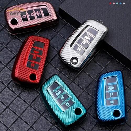 Carbon Fiber TPU Car Remote Key Cover Case Shell Fob For Nissan X-Trail Juke Qashqai J11 Micra Pulsar Auto Accessories Keychain