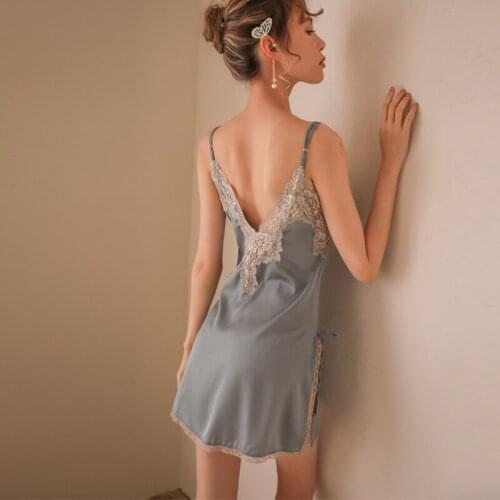 SR076 Black Sexy Lace Backless Women Nightdress Sexy Sleepwear Nightgowns Silk Satin Sleepdress Home Lingerie with G-string