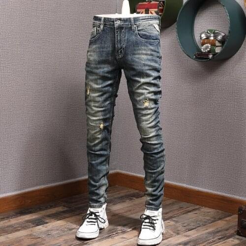 European Vintage Fashion Men Jeans Retro Washed Elastic Slim Fit Ripped Jeans Men Patchwork Designer Casual Cotton Denim Pants