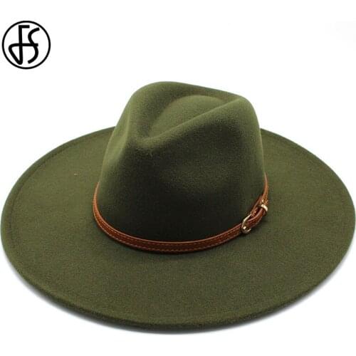 FS Men Solid Color Winter Big Wool Hats Classic Fedoras Cap Women Panama Jazz Hat 9.5CM Wide Brim Fedora British Style Cap