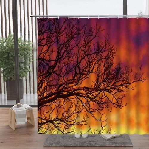 Forest Oil Painting Shower Curtain Blue Sky Plant Tree Sunset Red Maple Leaves Scenery Waterproof Wall Hanging Home Decor Set