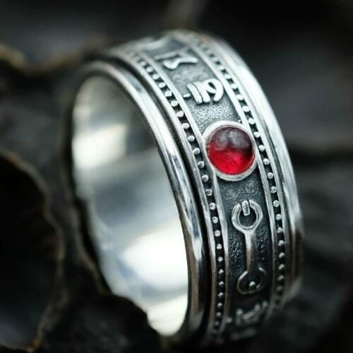 925 Sterling Silver Buddhist Personality Rotating Six Word Mantra Thai Silver Vintage Rotating Ring for Men and Women