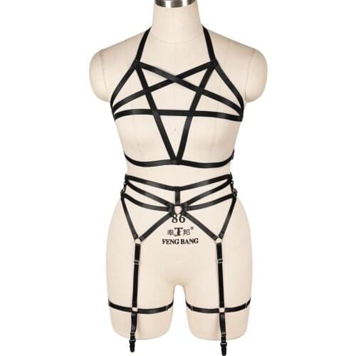 2 Piece Pentagram Accessories Tops Harness Belt Full Body Bondage Lingerie Set Stocking Garters Belt Dress Dance Rave Goth