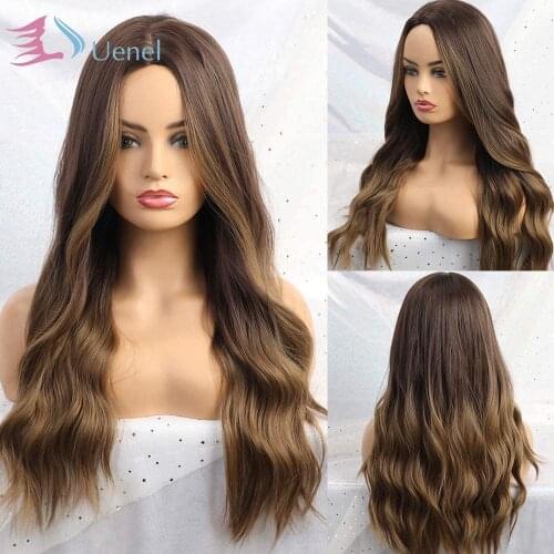 Uenel Brown Wig Middle Parting Long Curly Womens Wigs NONE Lace 24 Inch Wigs for Women Natural Looking Synthetic Wigs