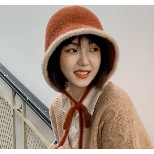 Mohair Bucket Hats Ear Protection Knitted Wool Hat Women Autumn Winter Plush Warmth All-match Cute Fisherman Hat