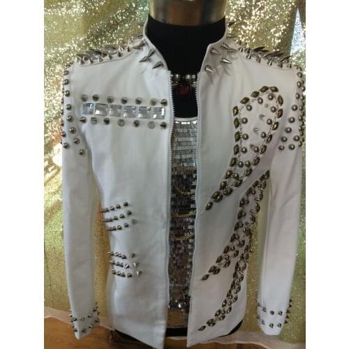 Male Fashion White Rivet Royal Jacket Outwear Nigthclub show Performance coat for singer dancer stage costume male clothing