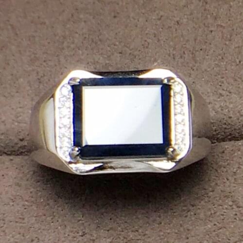 Per jewelry Men ring Natural real black sapphire rectangle rings Free shipping 10*12mm 6.5ct gemstone 925 sterling silver Q20588