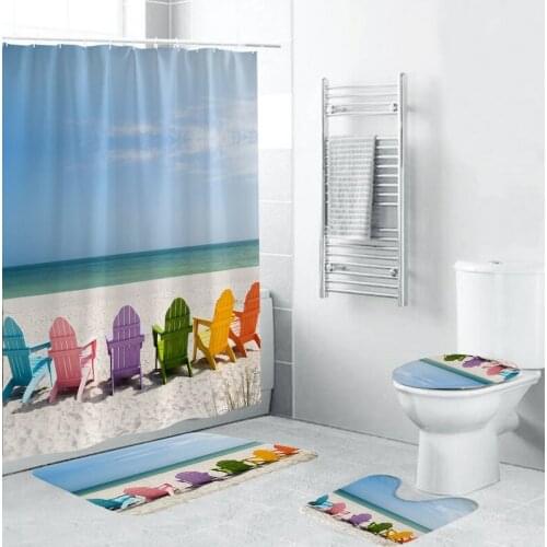 Shower Curtain Set Cartoon Beach Chair Design Bathroom Cushion Carpet Bathroom Cushion Four-Piece Combination Home Decoration