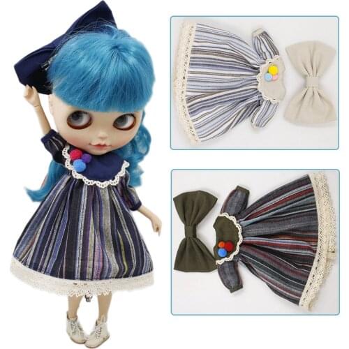 Outfits for ICY DBS Blyth doll Stripe dress with hairpin Vintage clothes for 1/6 bjd ob24 anime girl